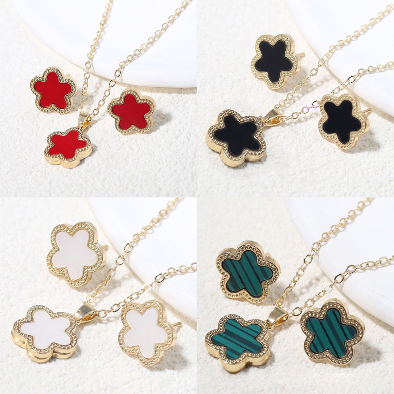 Double-Sided Wide-Brimmed Fritillary Plum Blossom Two-Piece Pendant Necklace Ear Stud Cn0282