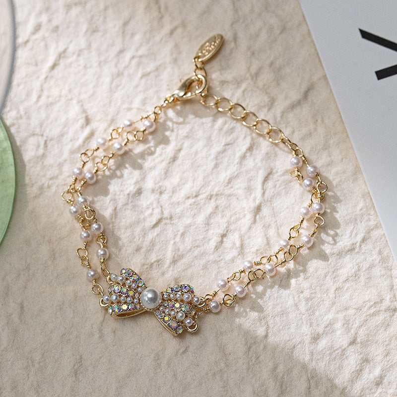 Colorful Rhinestone Bowknot Double Layer Natural Freshwater Pearl Bracelet Cn540