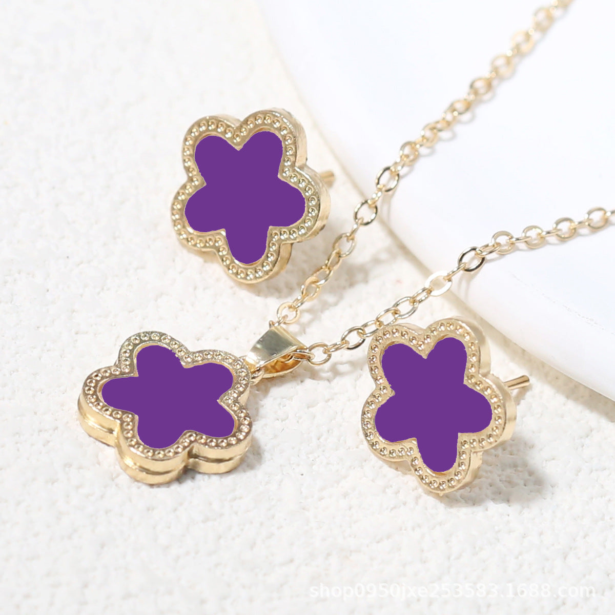 Double-Sided Wide-Brimmed Fritillary Plum Blossom Two-Piece Pendant Necklace Ear Stud Cn0282