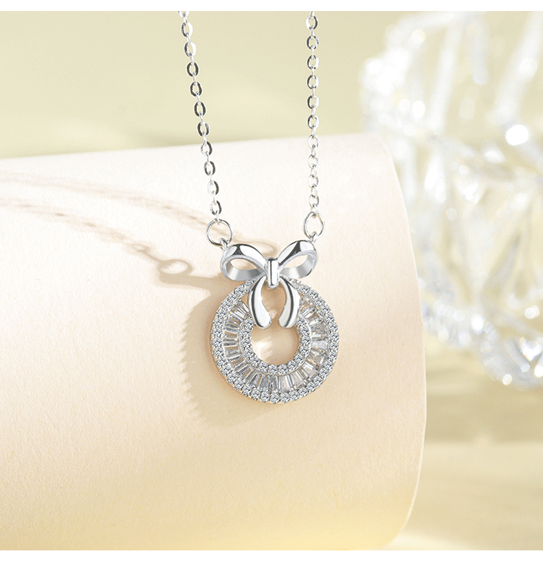 S925 Sterling Silver Diamond Ring Bow Necklace Cn448