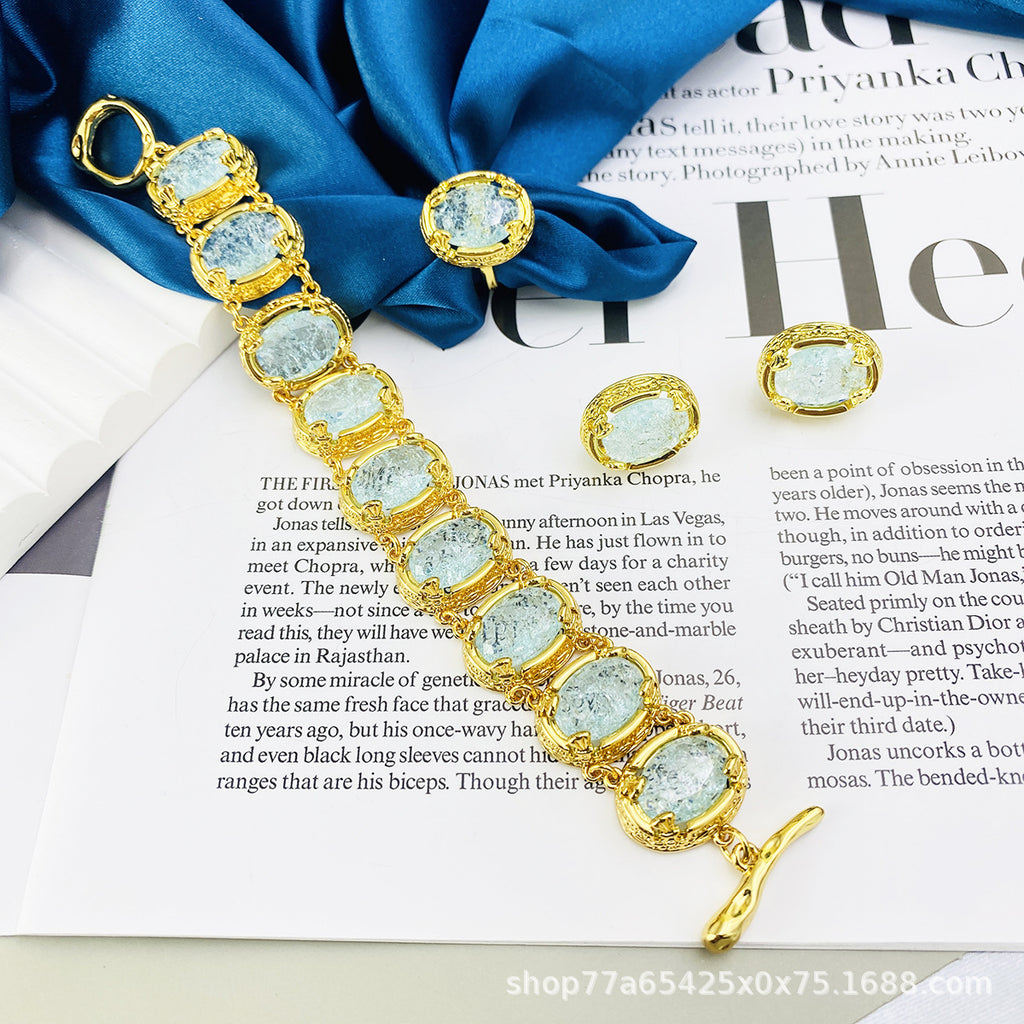 Retro Stud Earrings Gold-Plated Oval Gem Graceful Earrings Cn568