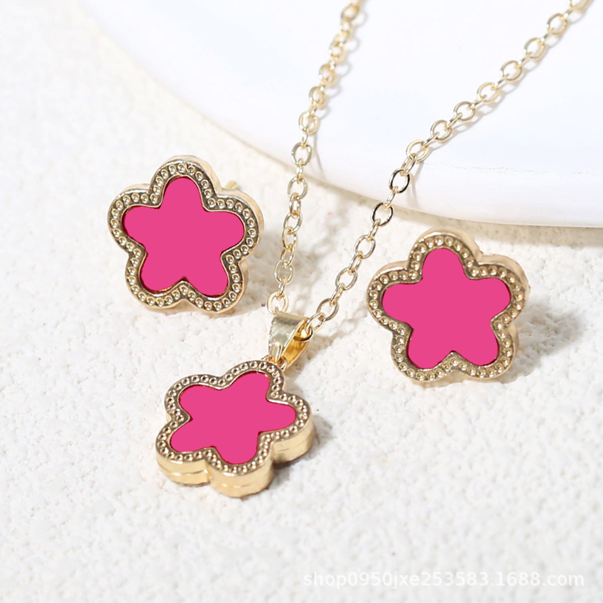 Double-Sided Wide-Brimmed Fritillary Plum Blossom Two-Piece Pendant Necklace Ear Stud Cn0282