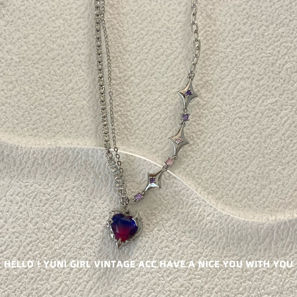 Bingyue Heart Pink Blue Gradient Heart Necklace Color Asterism Stitching Clavicle Chain Cn545