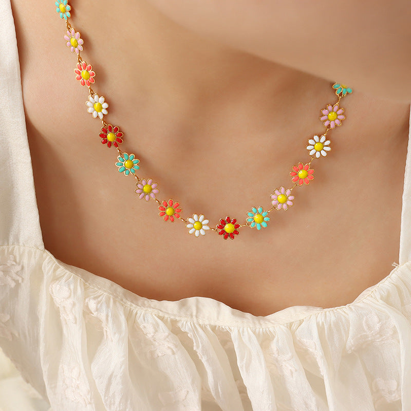 Oil Dripping Colorful Sun Chrysanthemum Flower Pendant Bracelet Set Cn0300