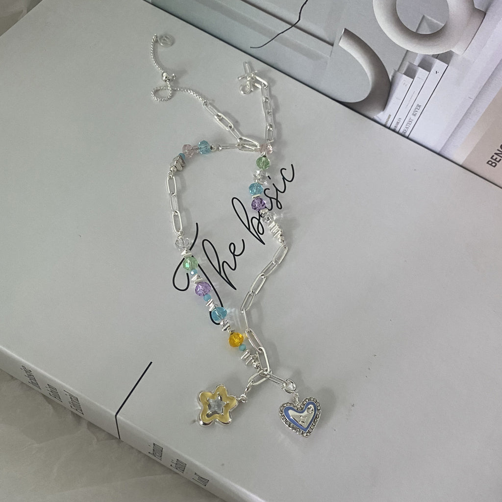 Dopamine Color Crystal String Beads Necklace Detachable Diy Five-Pointed Star Love Pendant Clavicle Chain Cn551