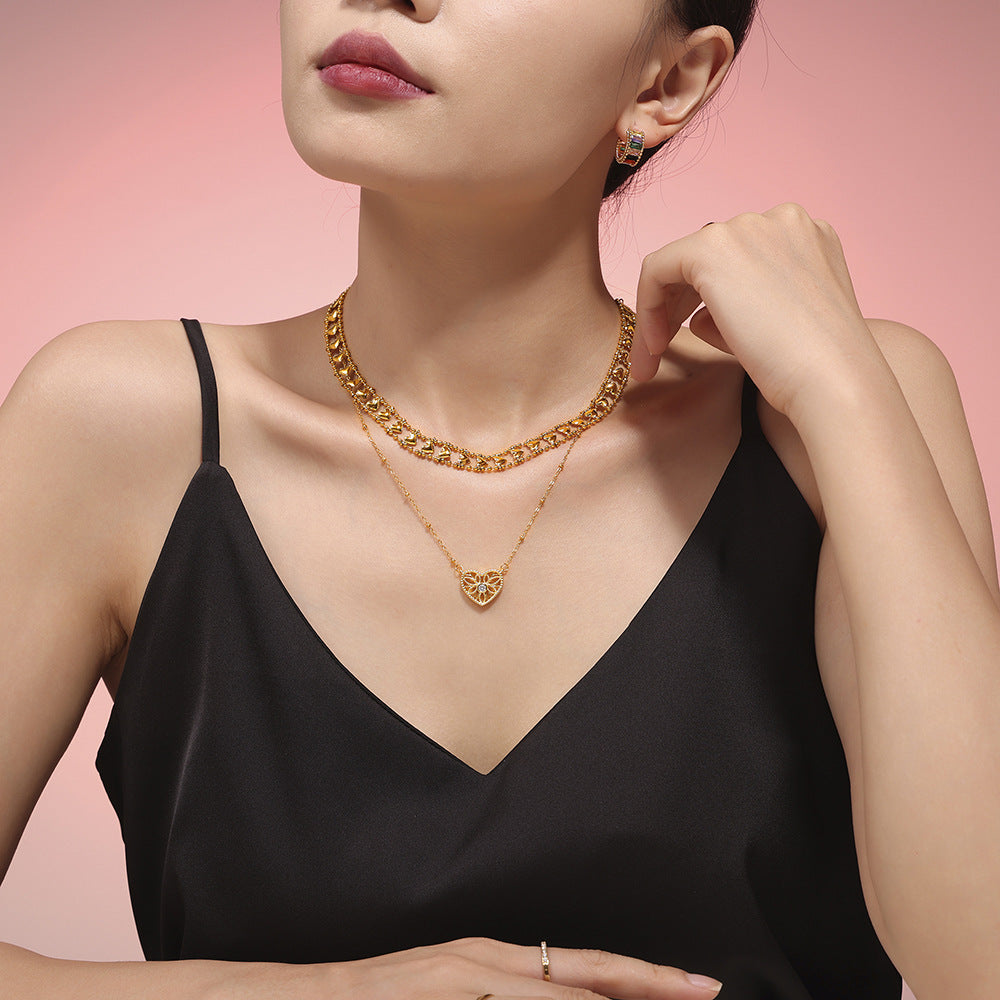 European and American retro sweet double-layer stacked peach heart necklace environmentally friendly copper plating PVD vacuum plating trendy jewelry