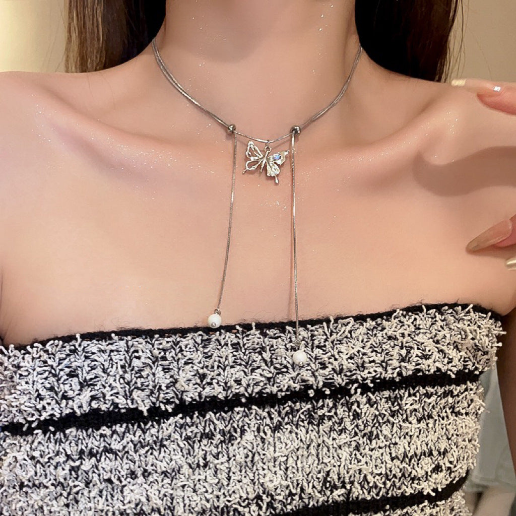 Silver Pull Butterfly Tassel Necklace Cn0227