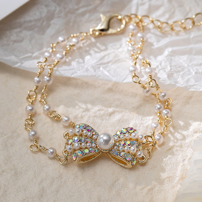 Colorful Rhinestone Bowknot Double Layer Natural Freshwater Pearl Bracelet Cn540