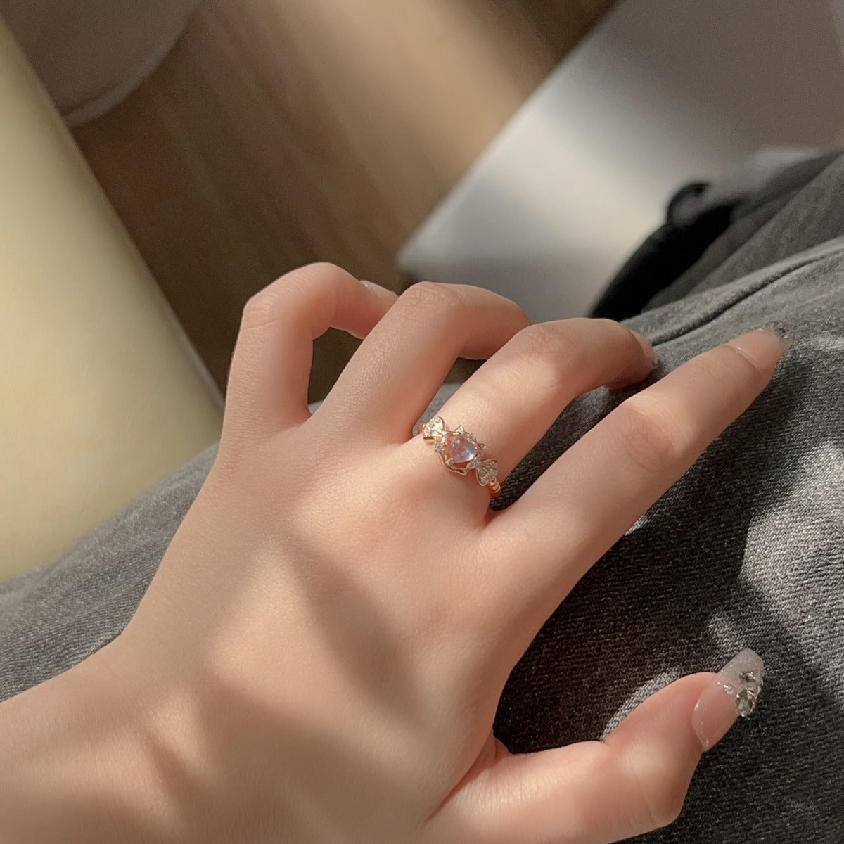 Heart-Shaped Moonstone Little Devil Ring Cn516