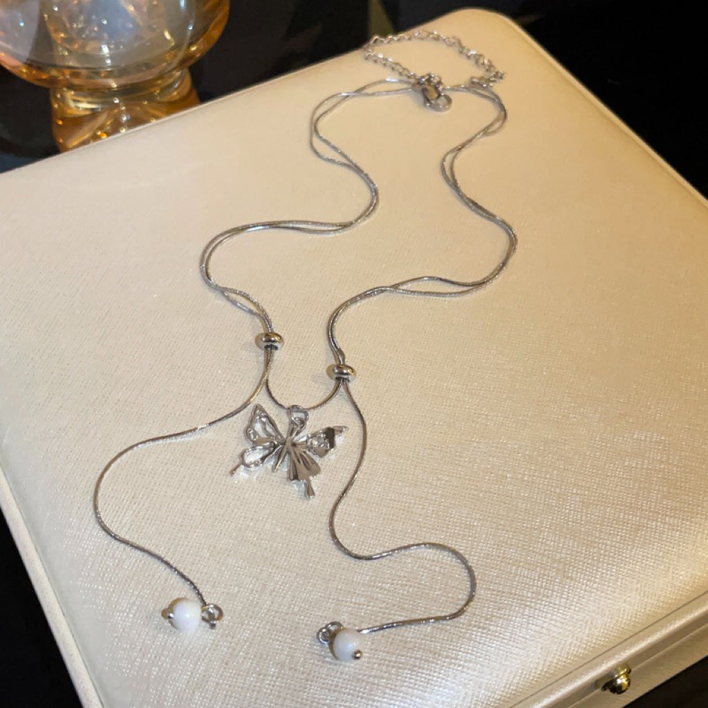 Silver Pull Butterfly Tassel Necklace Cn0227