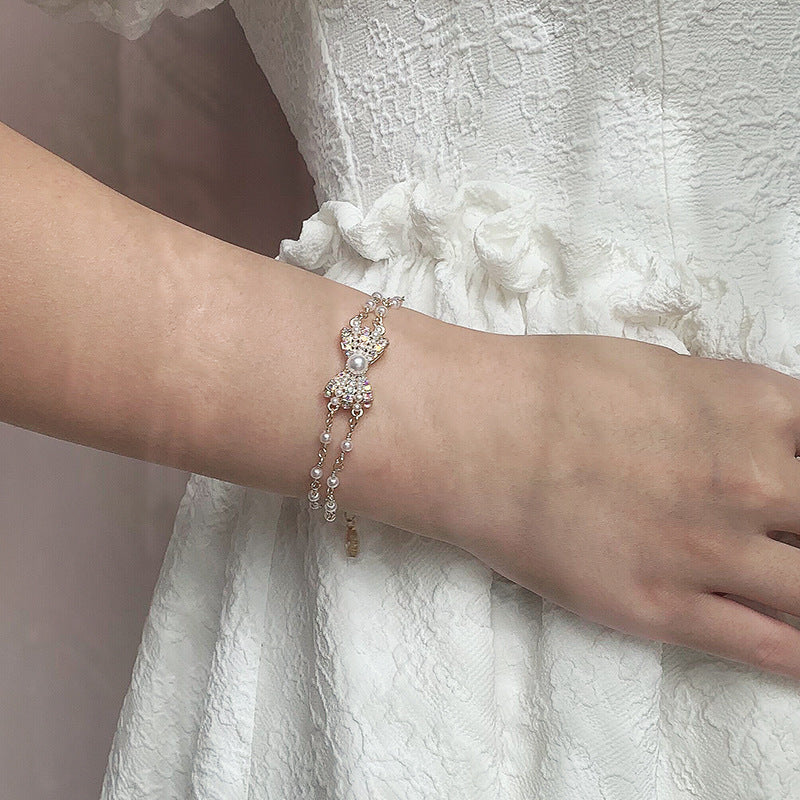 Colorful Rhinestone Bowknot Double Layer Natural Freshwater Pearl Bracelet Cn540