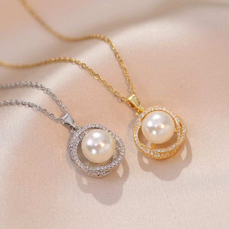 Titanium Steel Zircon Pearl Clavicle Chain Necklace Cn505