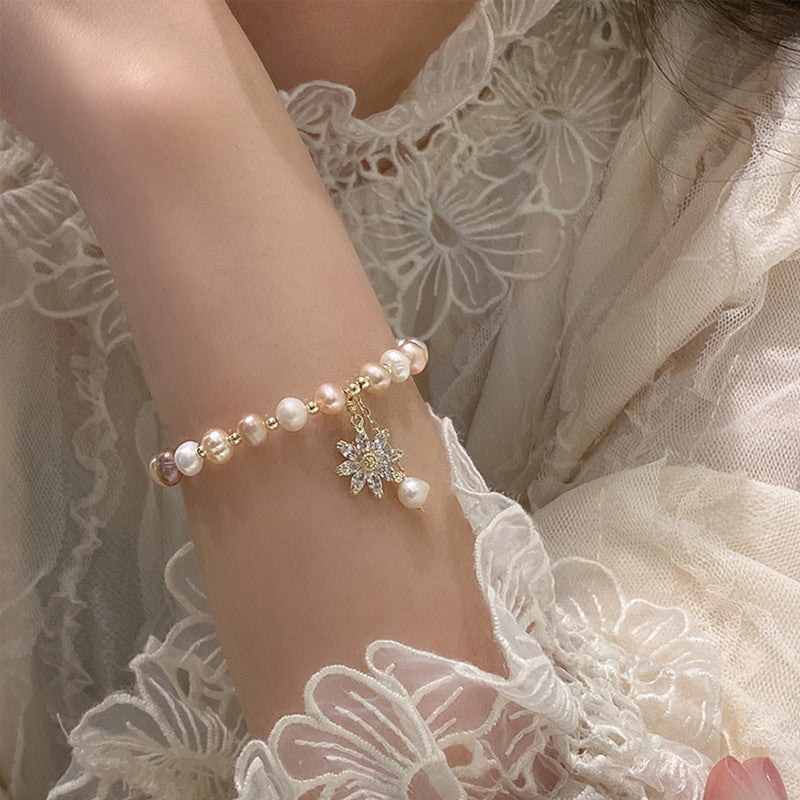 Gold Plated Ethnic Style Diamond Pearl Flower Bracelet Cn539