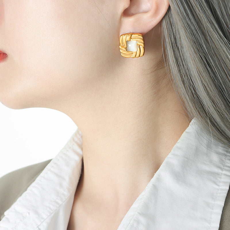 White Opal Black Glass Stone Chain Set Necklace Earrings Cn0289