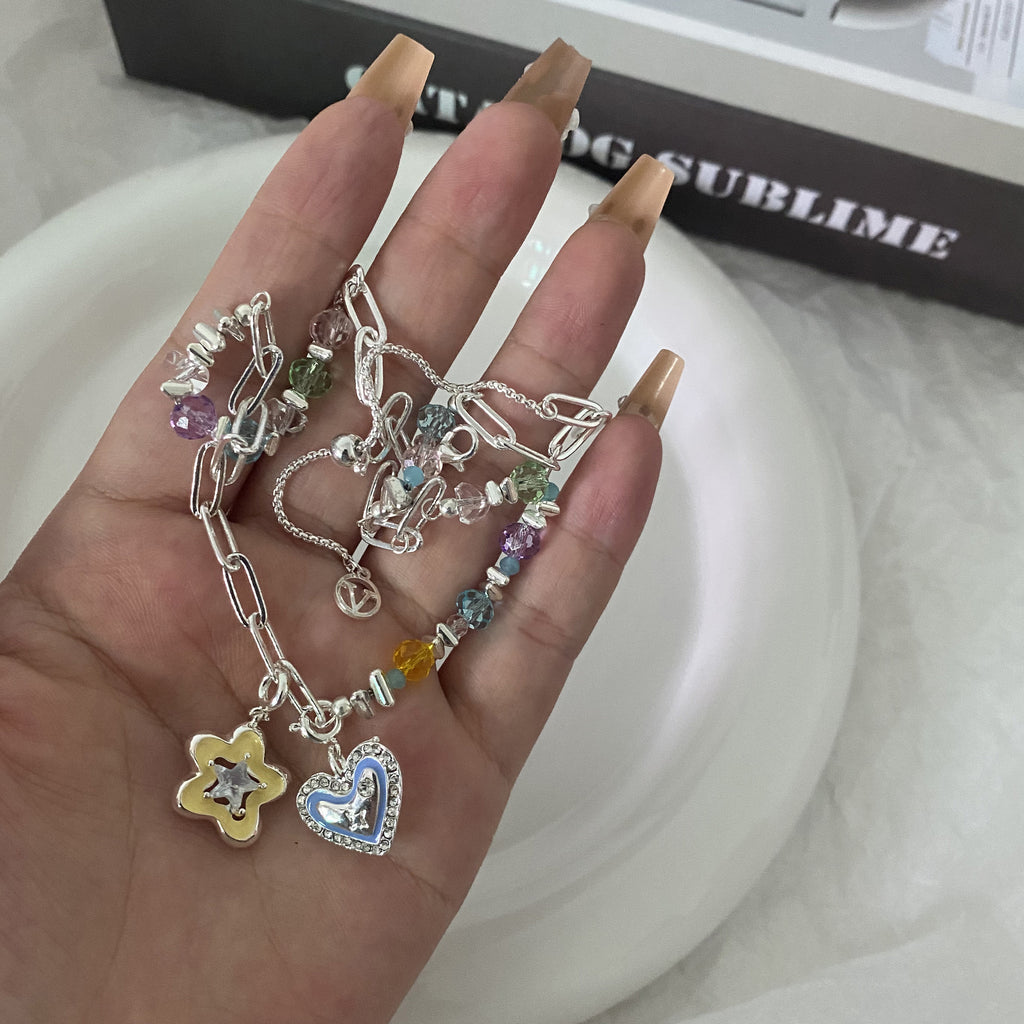 Dopamine Color Crystal String Beads Necklace Detachable Diy Five-Pointed Star Love Pendant Clavicle Chain Cn551