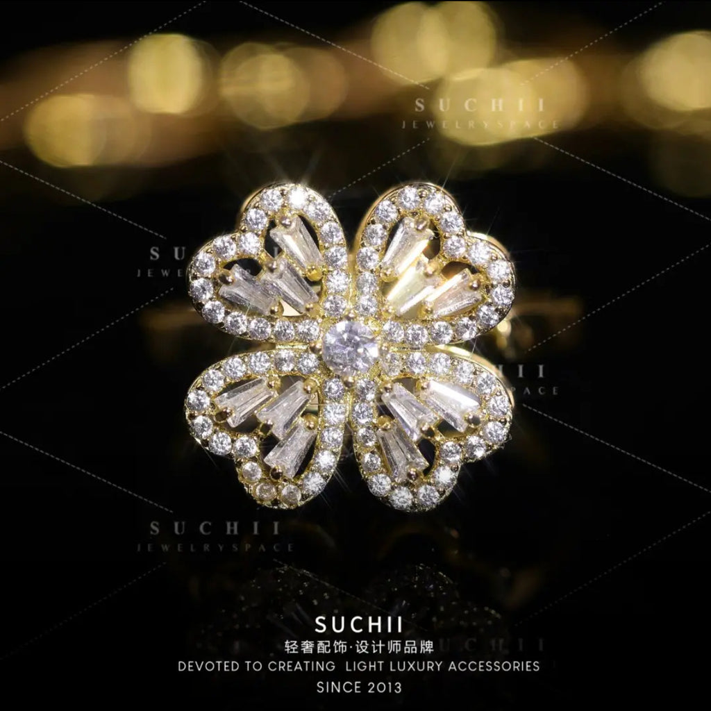 Micro Inlaid Zircon Rotating Four-Leaf Flower Ring Rotating Windmill Flower Cn436