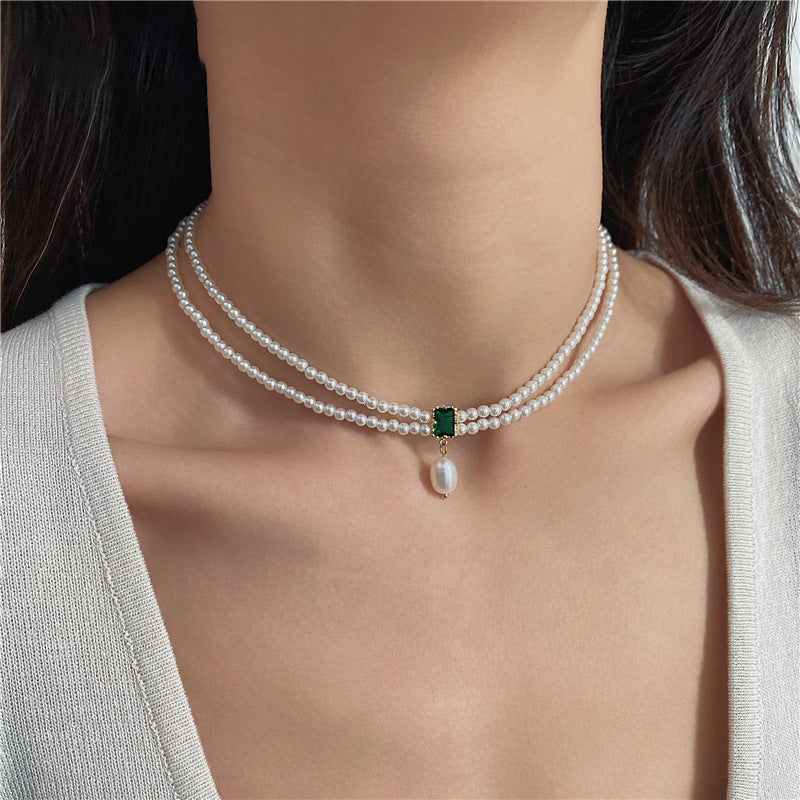 Emerald Square Rhinestone Pearl Necklace Cn444