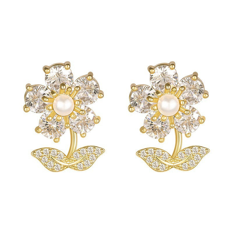 Zircon Flower Earrings Crystal Petal Stud Earrings One Style for Dual-Wear Earrings Cn467