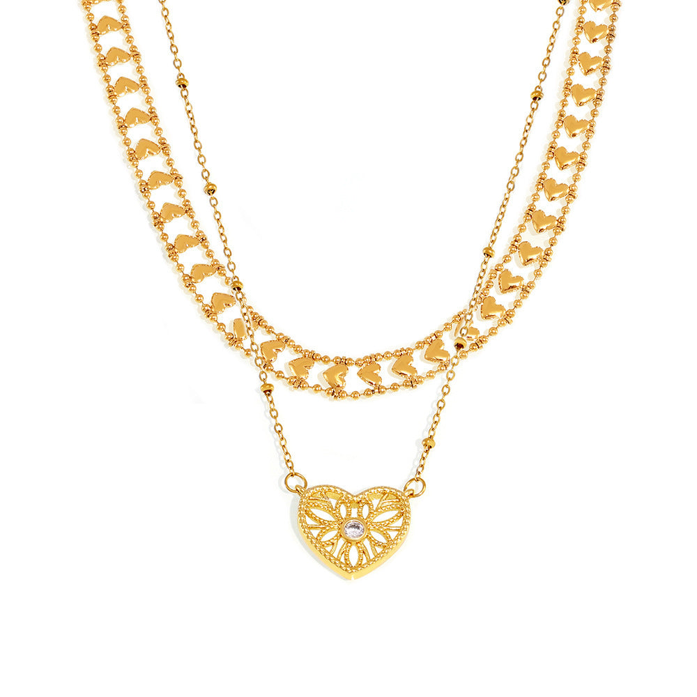 European and American retro sweet double-layer stacked peach heart necklace environmentally friendly copper plating PVD vacuum plating trendy jewelry