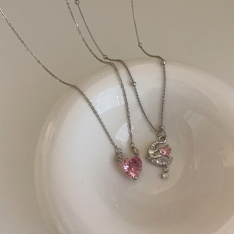 Pink Zircon Moon Heart Pendant Necklace Cn337
