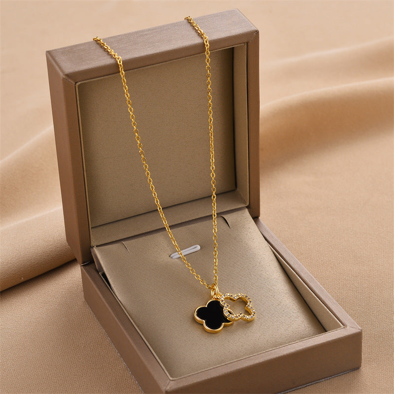 Double-Layer Clover Black and White Fritillary Pendant Titanium Steel Necklace Cn434