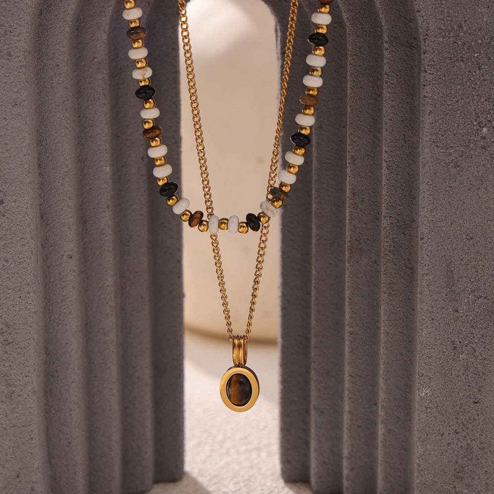 Maillard style natural stone beaded design necklace tiger's eye stone pendant double layer stacked wind titanium steel collarbone chain