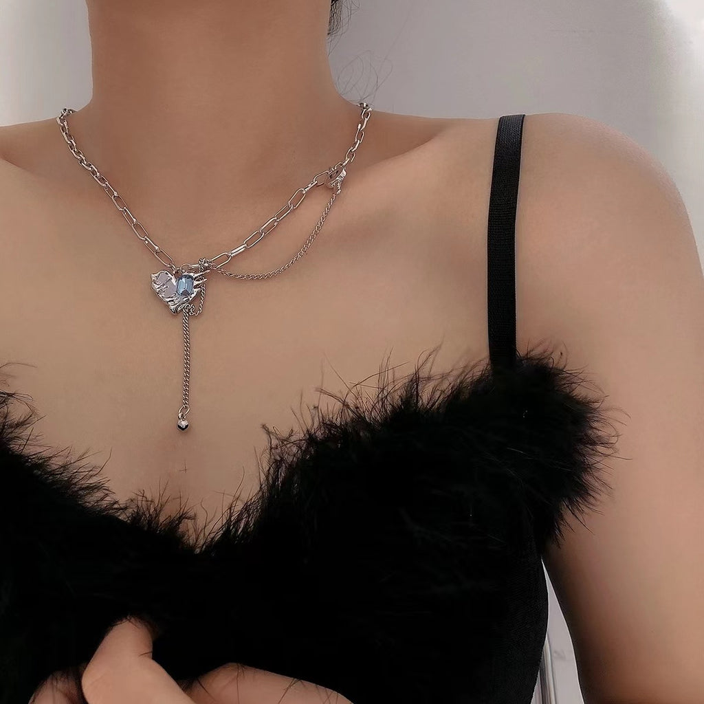 Blue Diamond Heart-Shaped Multi-Part Key Tassel Necklace Cn0248