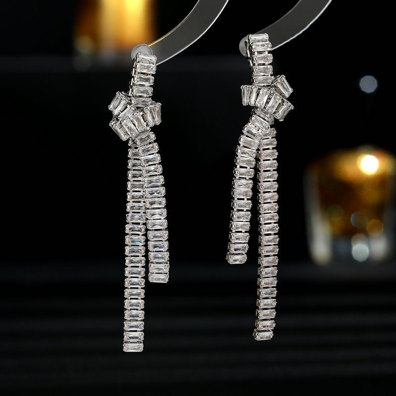 Rectangular Zircon Inlaid Knotted Long Fringe Earrings Cn360