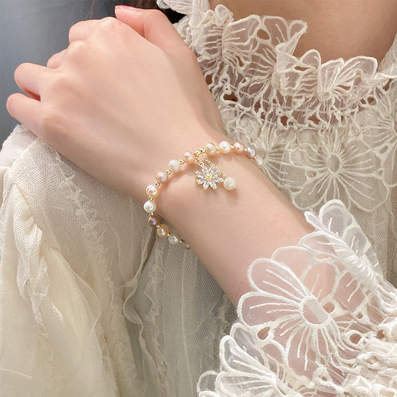 Gold Plated Ethnic Style Diamond Pearl Flower Bracelet Cn539