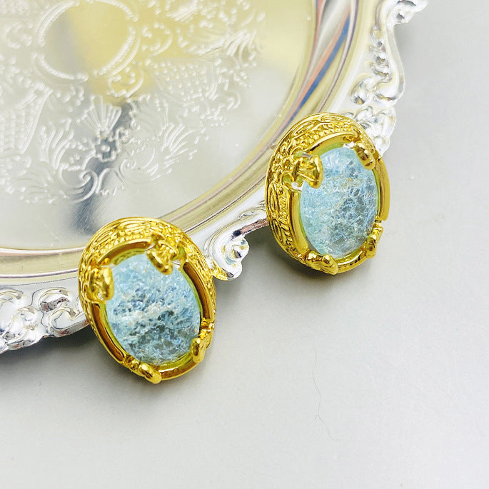 Retro Stud Earrings Gold-Plated Oval Gem Graceful Earrings Cn568