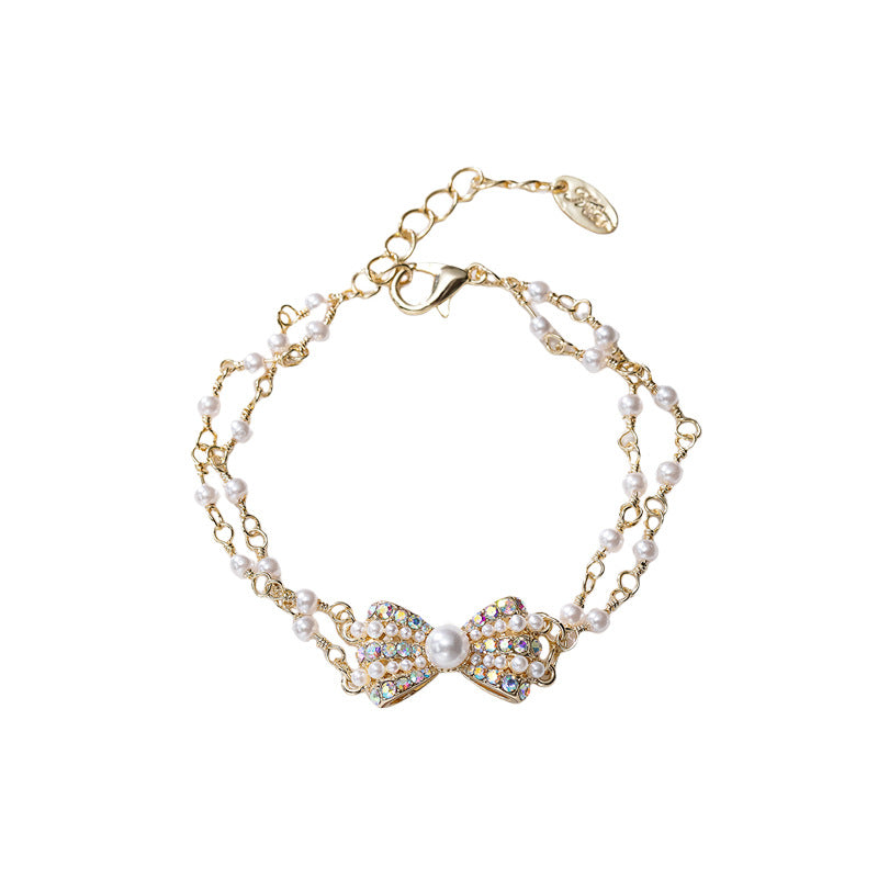 Colorful Rhinestone Bowknot Double Layer Natural Freshwater Pearl Bracelet Cn540