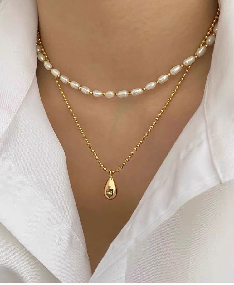 Hong Kong style does not fade light luxury double-layer freshwater pearl necklace wholesale does not fade female collarbone chain titanium steel jewelry