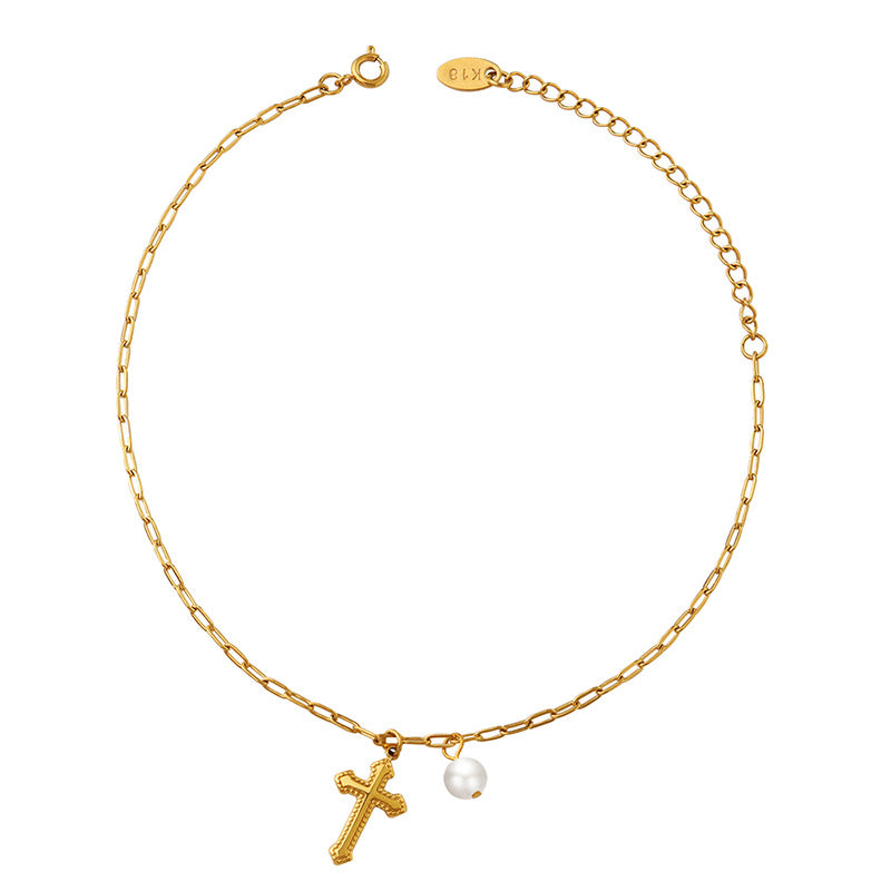 Summer ankle bracelet: unique, vintage-inspired design with cross pendant and pearl accents