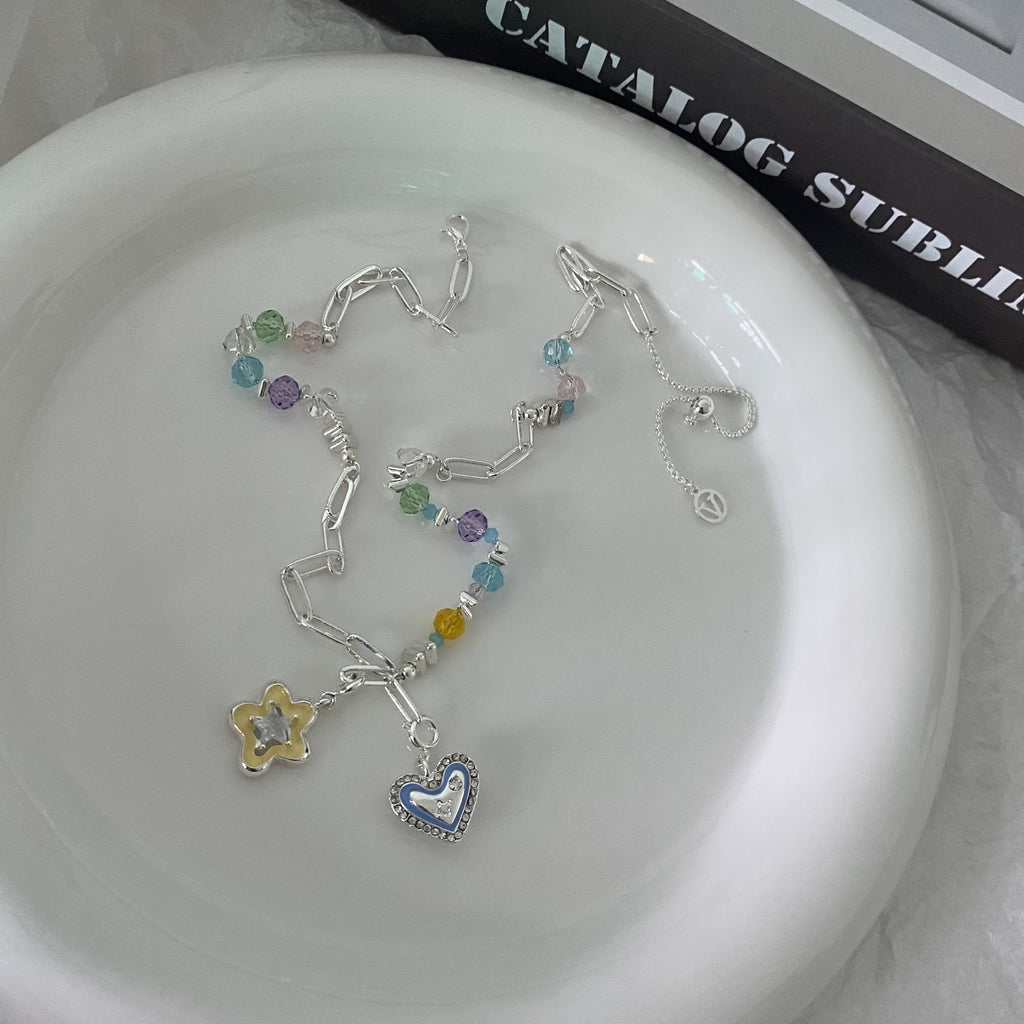 Dopamine Color Crystal String Beads Necklace Detachable Diy Five-Pointed Star Love Pendant Clavicle Chain Cn551