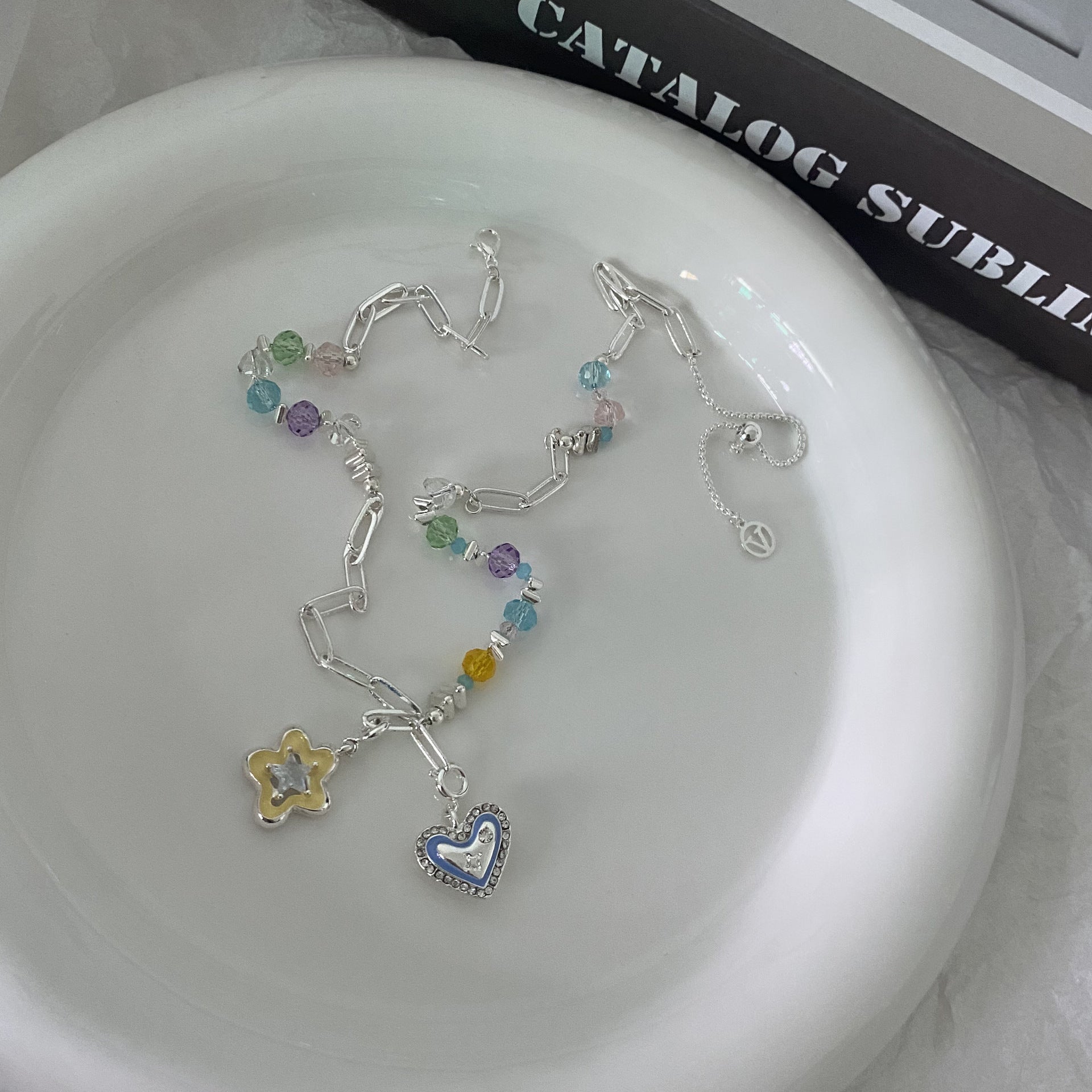 Dopamine Color Crystal String Beads Necklace Detachable Diy Five-Pointed Star Love Pendant Clavicle Chain Cn551