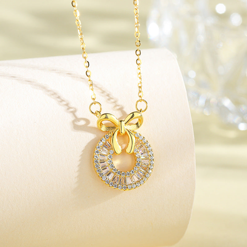 S925 Sterling Silver Diamond Ring Bow Necklace Cn448