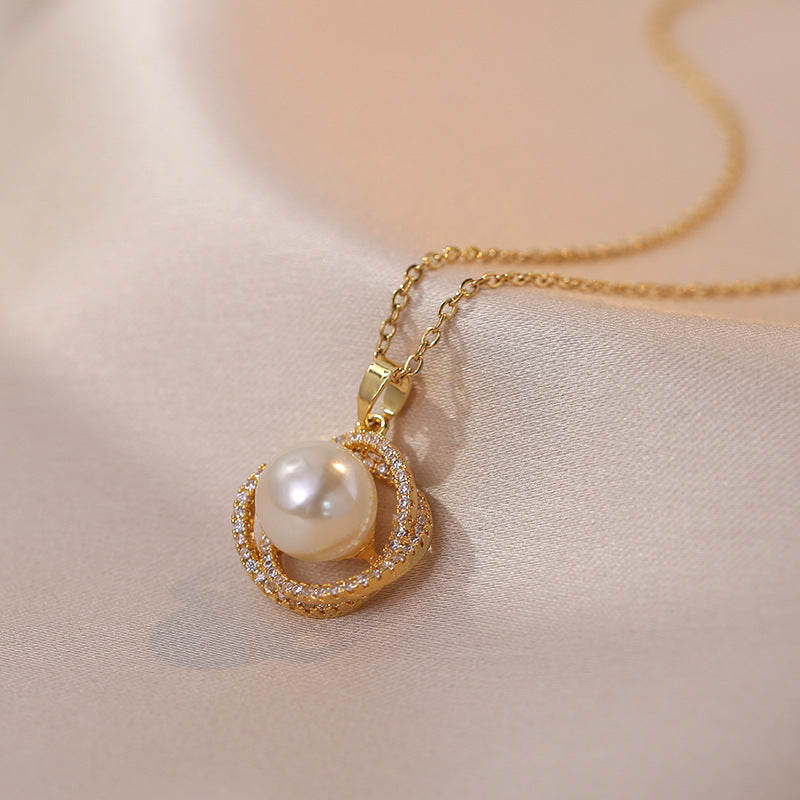 Titanium Steel Zircon Pearl Clavicle Chain Necklace Cn505