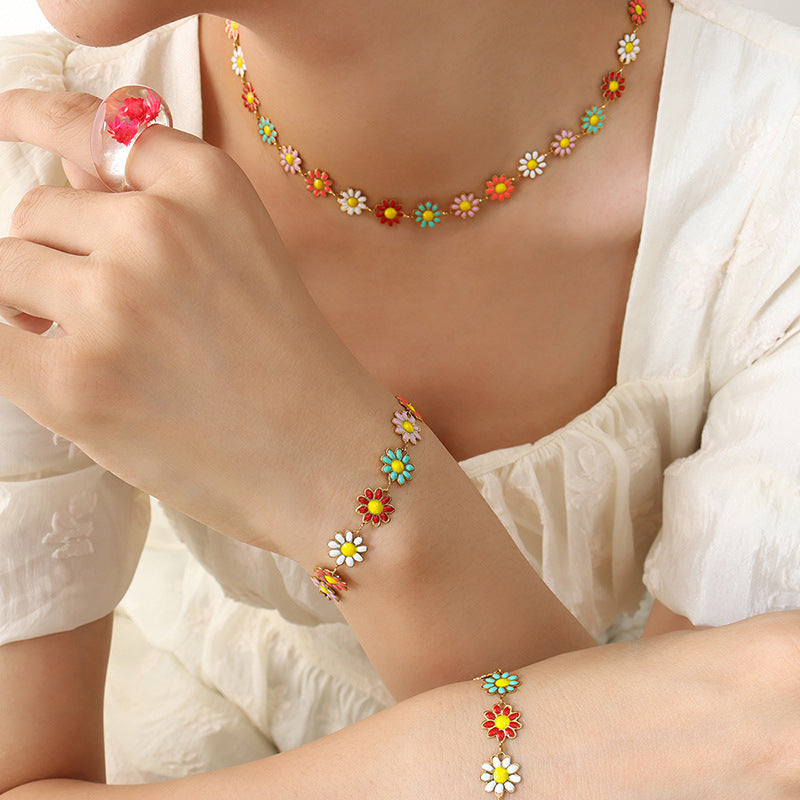Oil Dripping Colorful Sun Chrysanthemum Flower Pendant Bracelet Set Cn0300