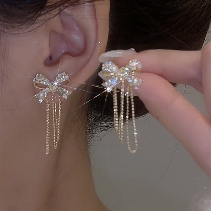 Long Fringe Bow Earrings Cn514