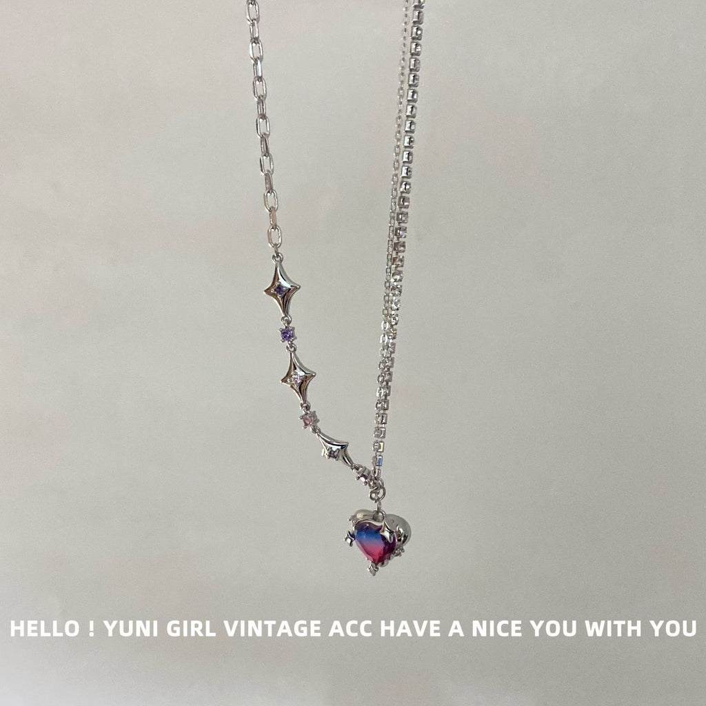 Bingyue Heart Pink Blue Gradient Heart Necklace Color Asterism Stitching Clavicle Chain Cn545