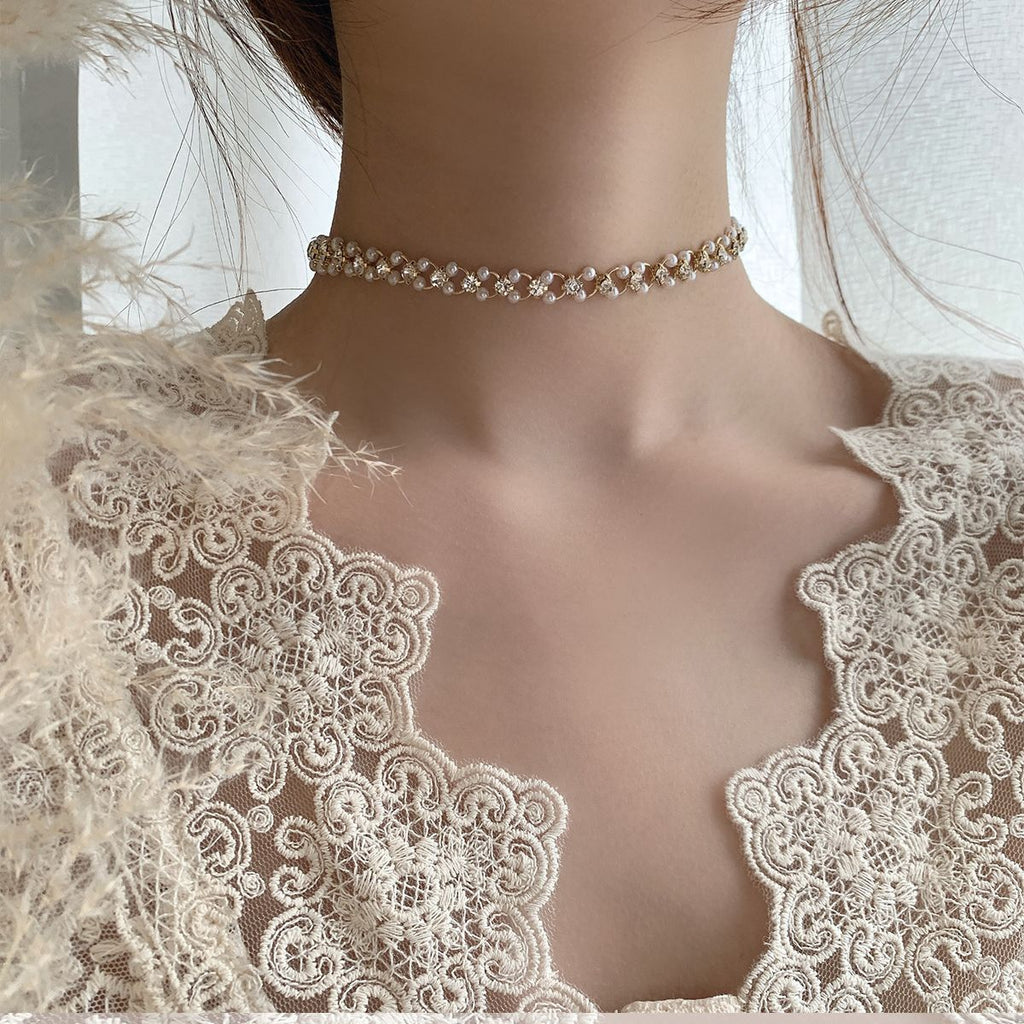 Rhinestone Pearl Geometric Necklace Clavicle Chain Cn493
