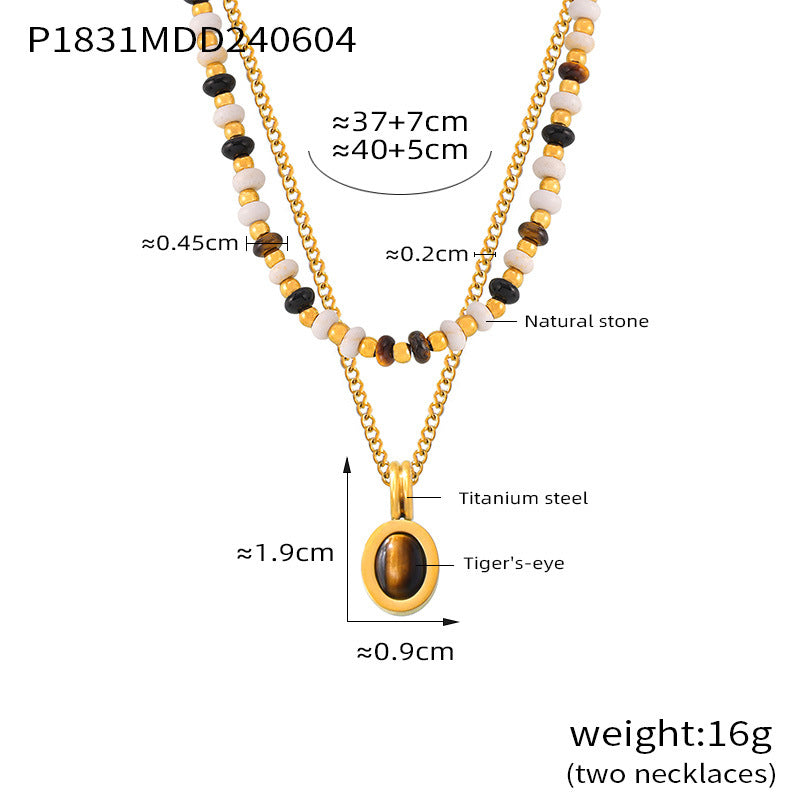 Maillard style natural stone beaded design necklace tiger's eye stone pendant double layer stacked wind titanium steel collarbone chain