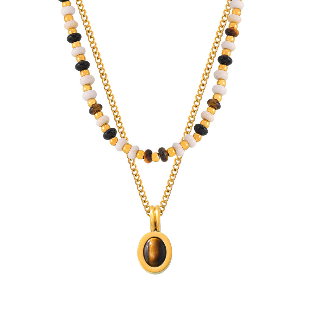 Maillard style natural stone beaded design necklace tiger's eye stone pendant double layer stacked wind titanium steel collarbone chain