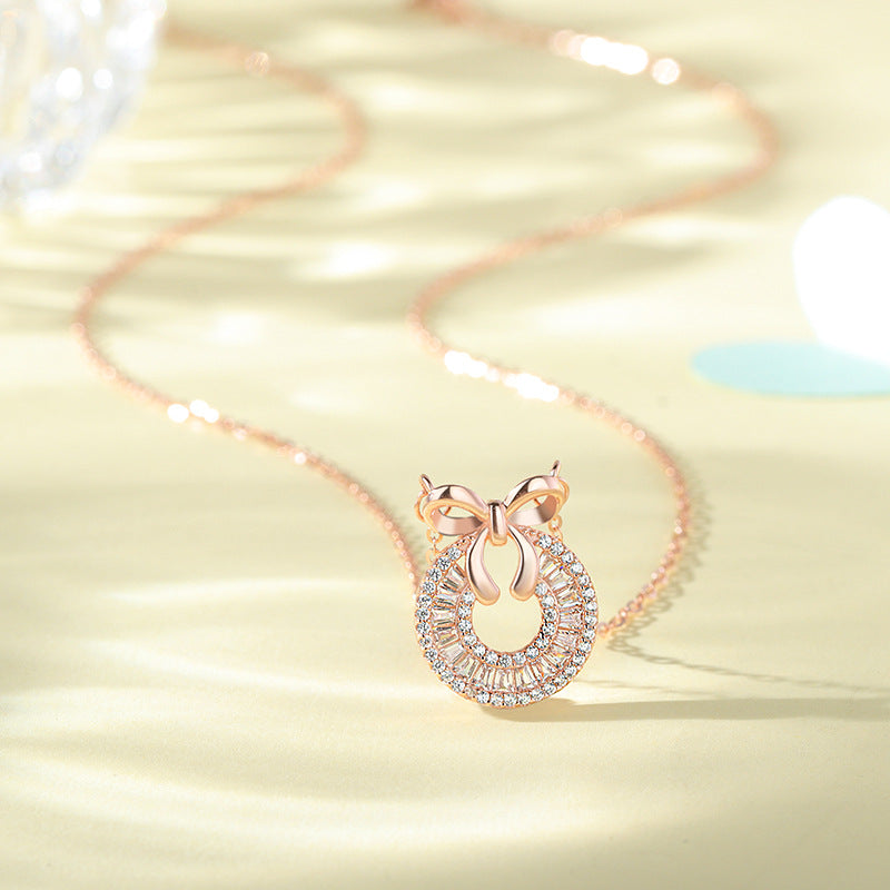 S925 Sterling Silver Diamond Ring Bow Necklace Cn448
