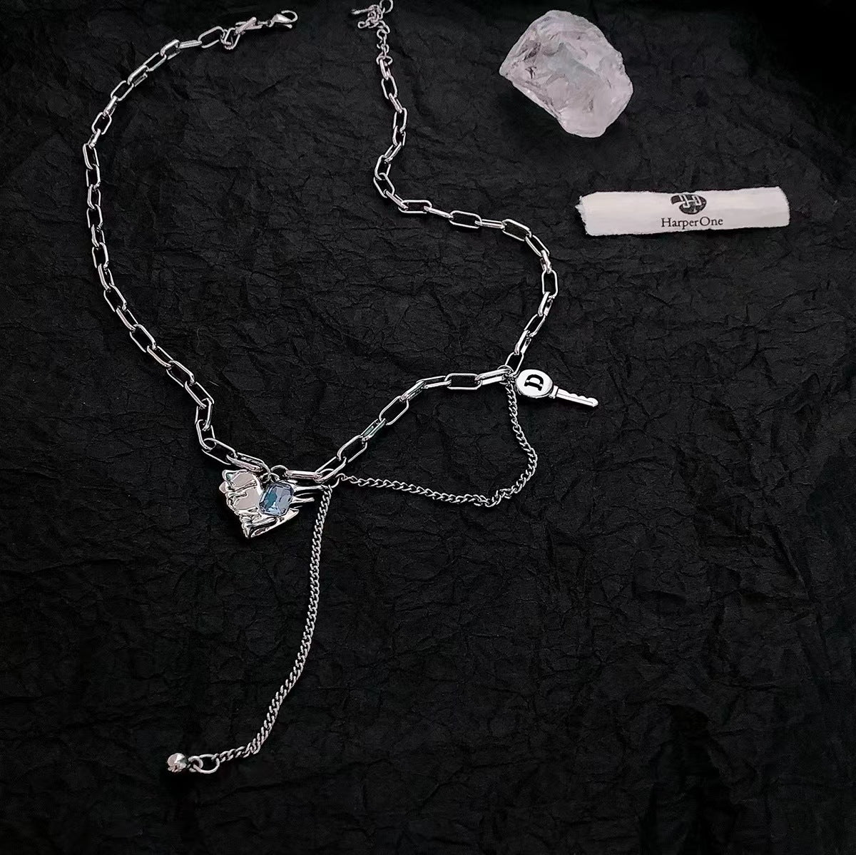 Blue Diamond Heart-Shaped Multi-Part Key Tassel Necklace Cn0248