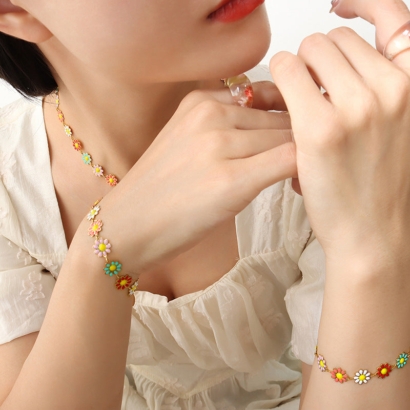 Oil Dripping Colorful Sun Chrysanthemum Flower Pendant Bracelet Set Cn0300