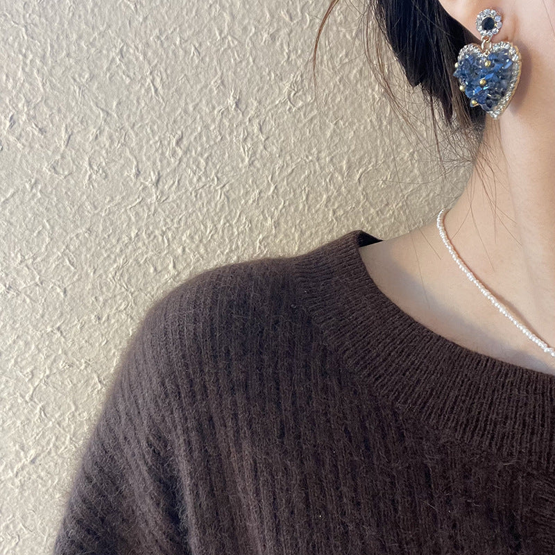 Geometric Crystal Shiny Big Heart Stud Earrings Cn456