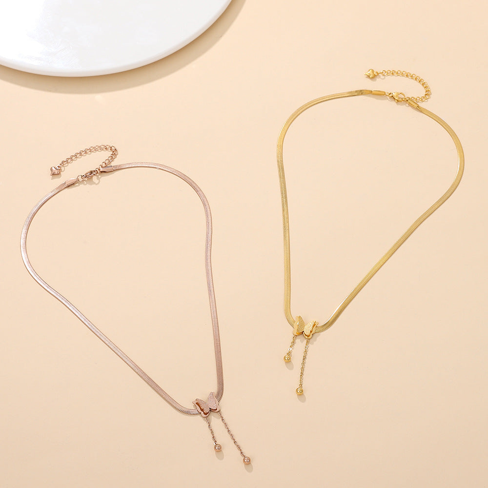 Frosted Butterfly Pendant Titanium Steel Tassel Necklace Cn0286