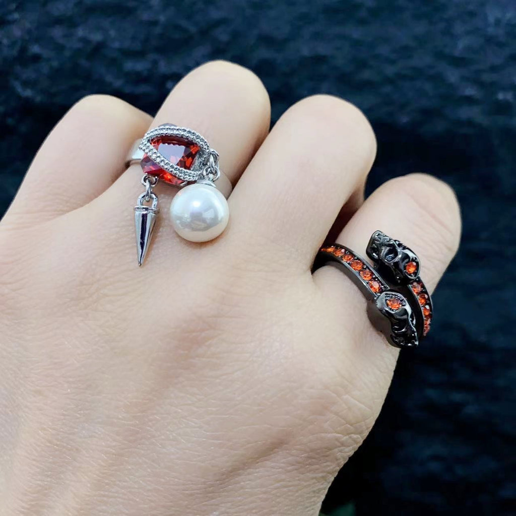 Sweet Cool Inlaid Zirconium Pearl Pendant Skull Ring Opening Cn570