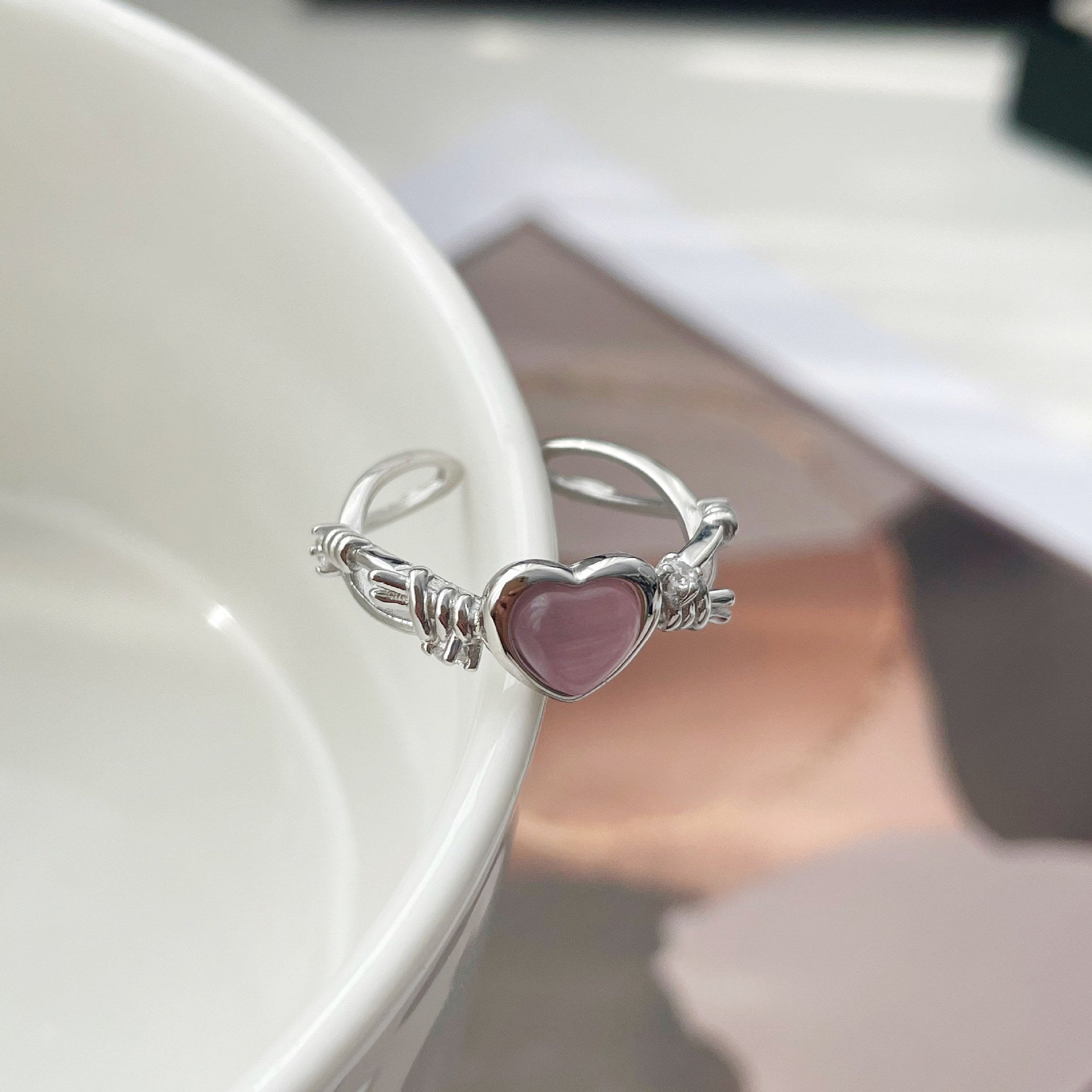 Love Pink Opal Heart-Shaped Open Ring Cn326